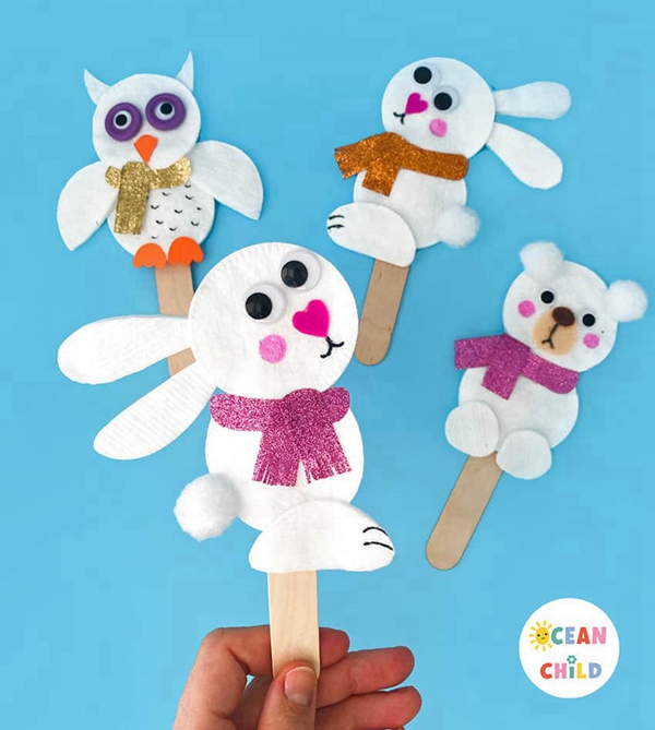 Cute cotton pad bunny puppets with washi tape scarves.