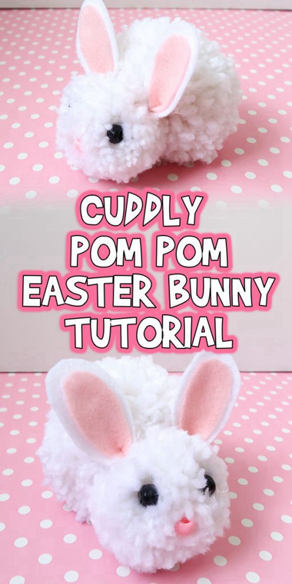 A homemade cuddly pom pom Easter bunny.