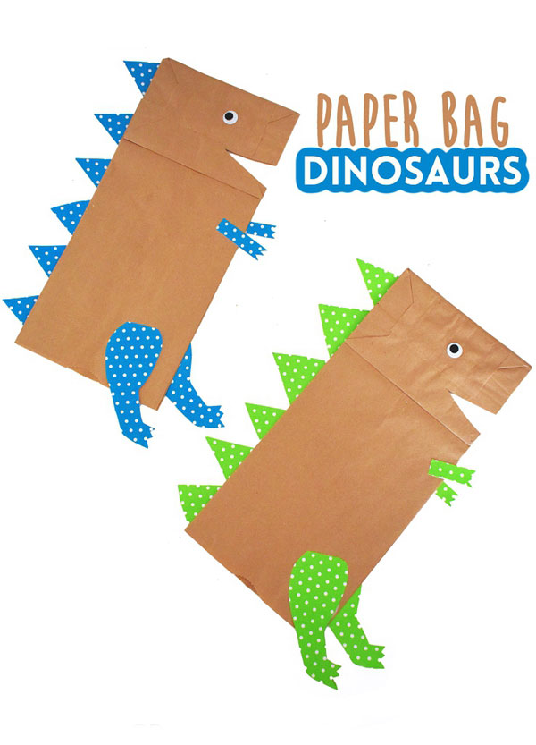 Children's handmade dinosaurs crafted from paper bags