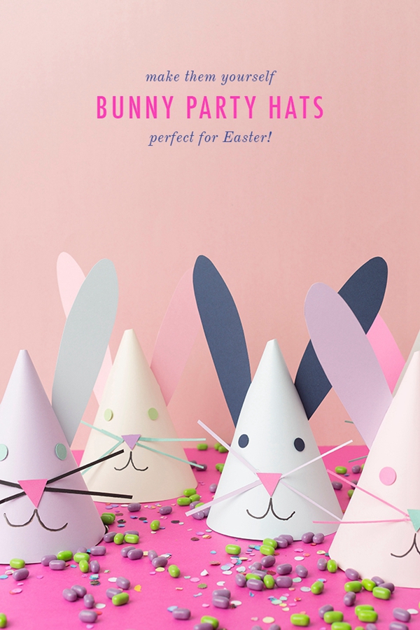 Handcrafted bunny party hats in pastel colors, perfect for Easter festivities.