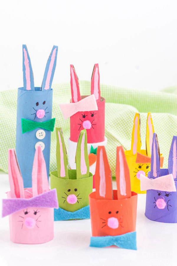 A family of colorful cardboard tube bunnies.