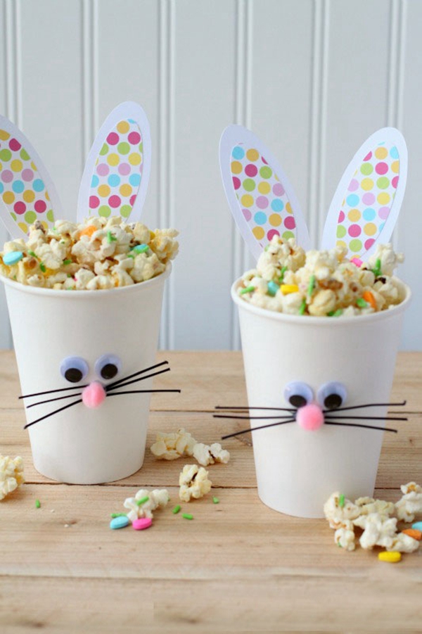 Easter Bunny Cups filled with tasty Bunny Bait snack, a creative Easter craft for kids.