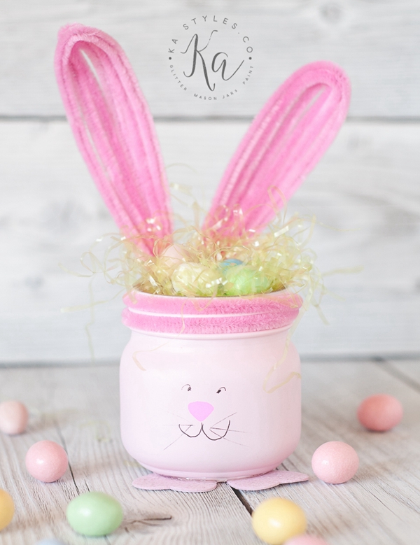 Easter-themed mason jar crafts decorated as bunnies and chicks.