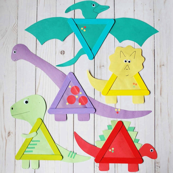 A variety of simple dinosaur crafts made by children