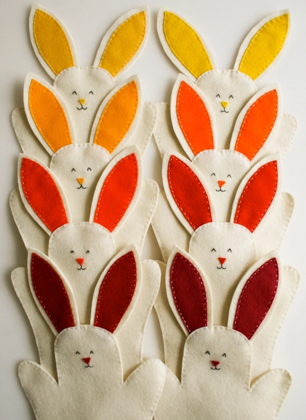 Colorful handmade bunny hand puppets.