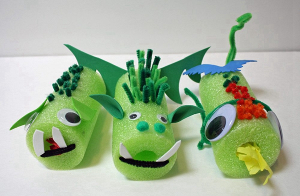 Child's mess-free craft of Pete's Dragon made from a pool noodle