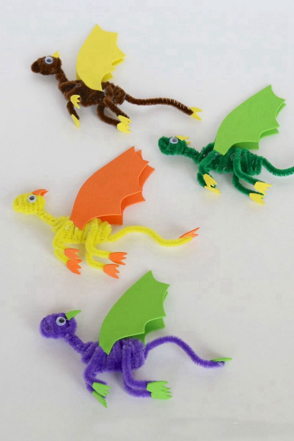 Colorful Pipe Cleaner Dragons crafted by kids