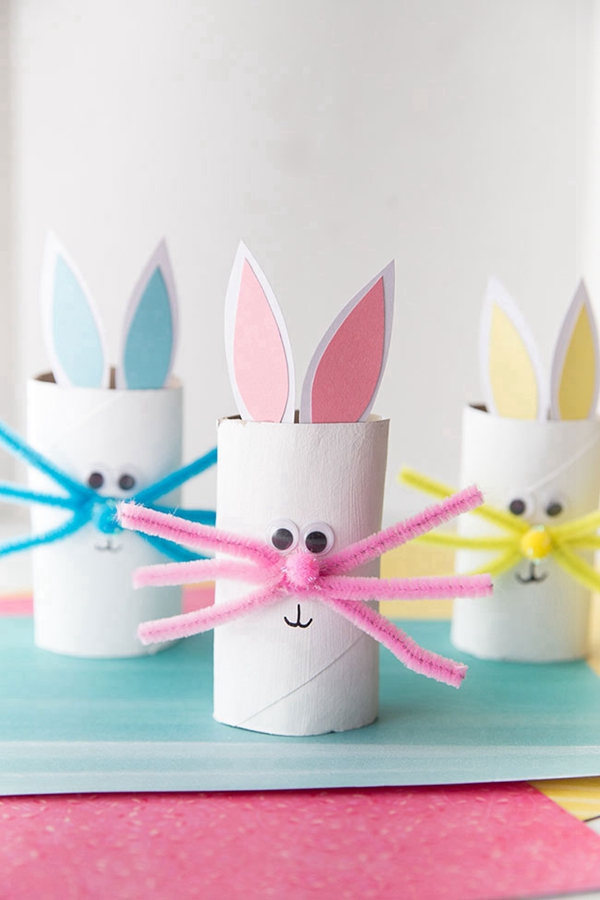 Upcycled toilet paper roll bunnies, a creative and eco-friendly Easter craft for kids.