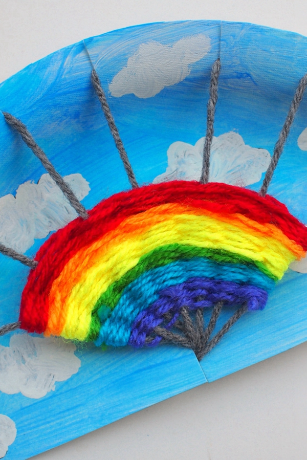 Rainbow paper plate weaving craft for kids