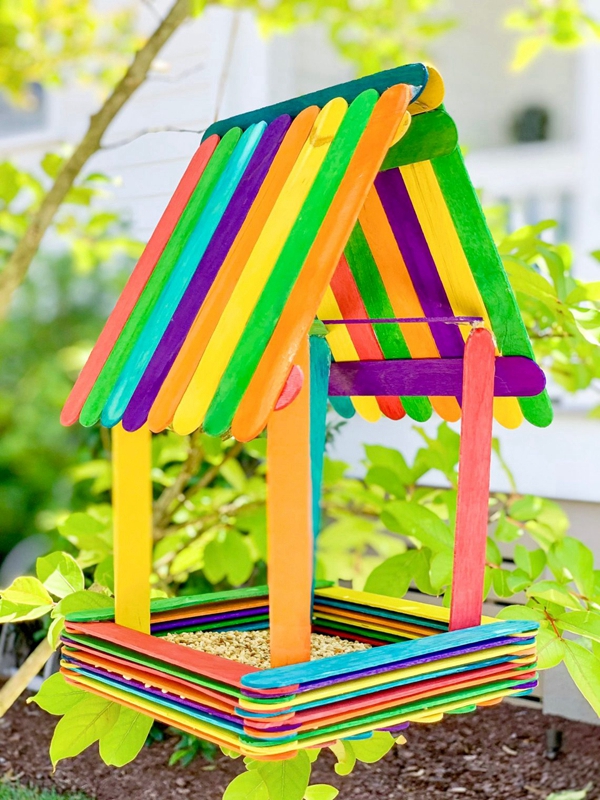 Rainbow popsicle stick bird feeder craft