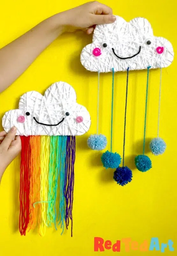 Yarn wrapped cloud rainbows craft