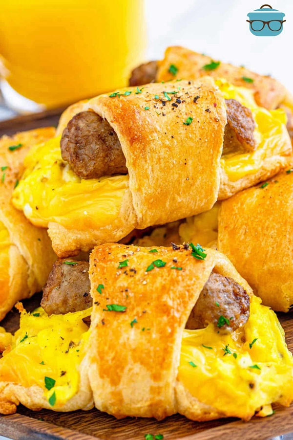 Breakfast Crescent Rolls filled with scrambled eggs, sausage, and cheese, showcasing a convenient and delicious on-the-go breakfast option.