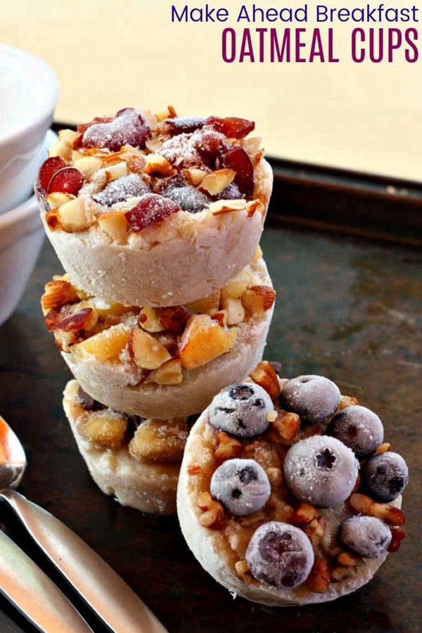 A stack of DIY Freezer Oatmeal Cups, a convenient and nutritious breakfast option, ready to be heated and enjoyed in minutes.