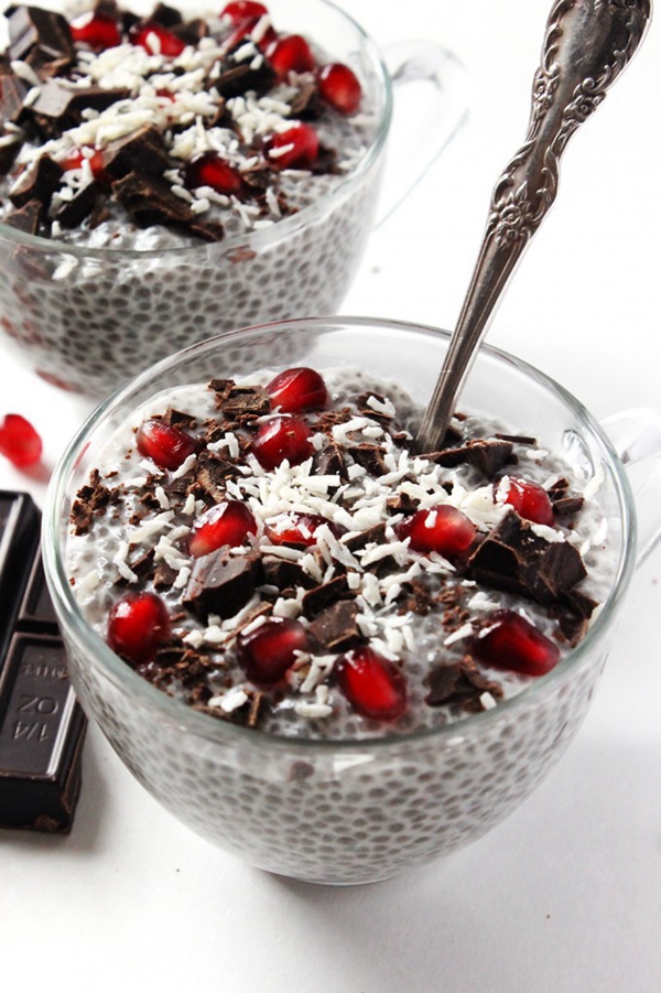 A bowl of Coconut Chia Pudding with Chocolate & Pomegranate, combining creamy, tart, and sweet flavors.