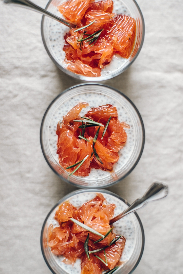Greek Yogurt Chia Pudding topped with roasted grapefruit and a hint of rosemary.