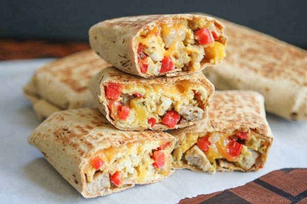 Nutritious chicken-apple sausage breakfast burritos, an ideal make-ahead breakfast option.