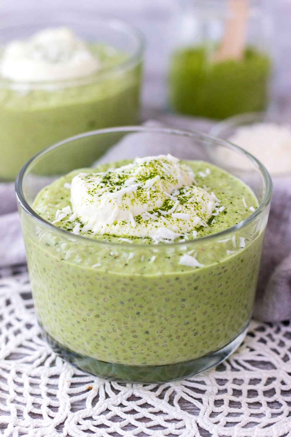 Creamy and sweet Matcha Chia Pudding in a bowl, packed with superfood matcha powder.