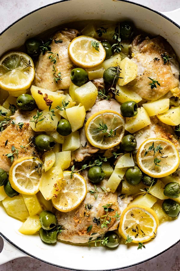 A delicious one-pot Mediterranean Lemon Chicken with lemon, potatoes, and olives.
