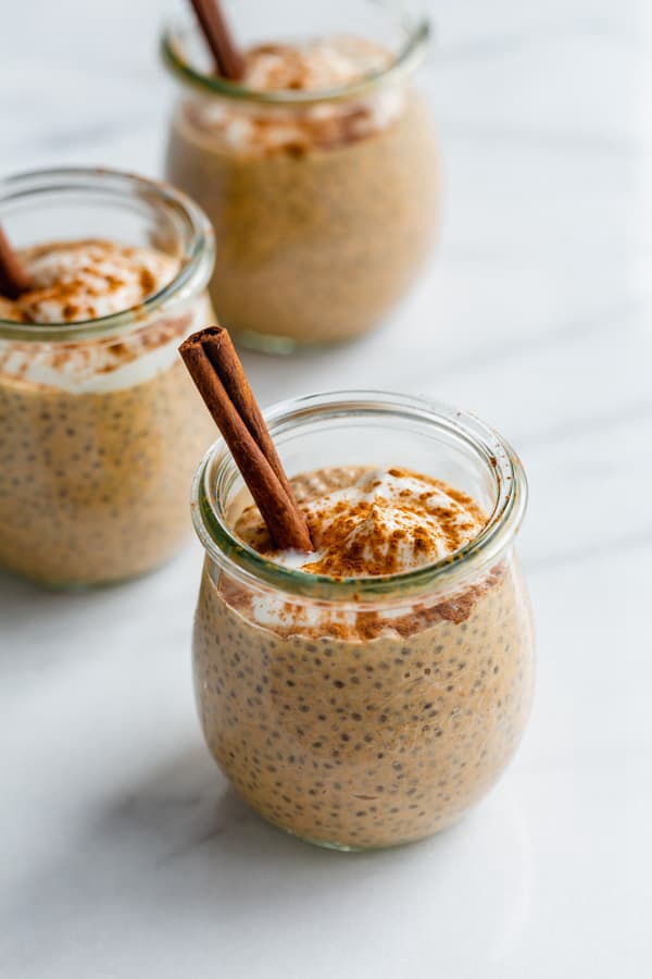 Jar of Pumpkin Spice Latte Chia Pudding with a creamy texture and fall-inspired flavors.