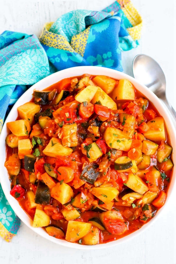 A bowl of hearty Zucchini Stew with Potatoes, rich in vegetables and flavors.